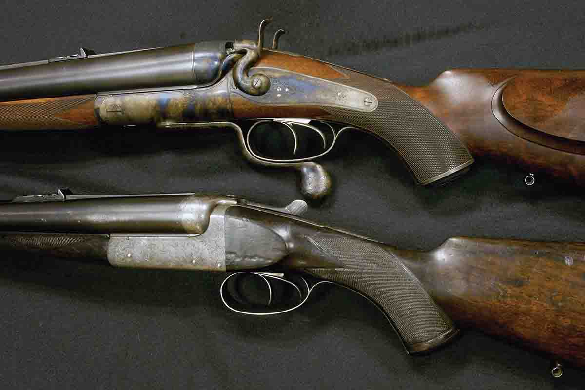 Smokeless powder spelled the death of huge black-powder “gauge” rifles, like this Army & Navy 8-bore (top). The .500 Nitro Express (bottom) by Charles Boswell belonged to Kenya professional John Hunter.